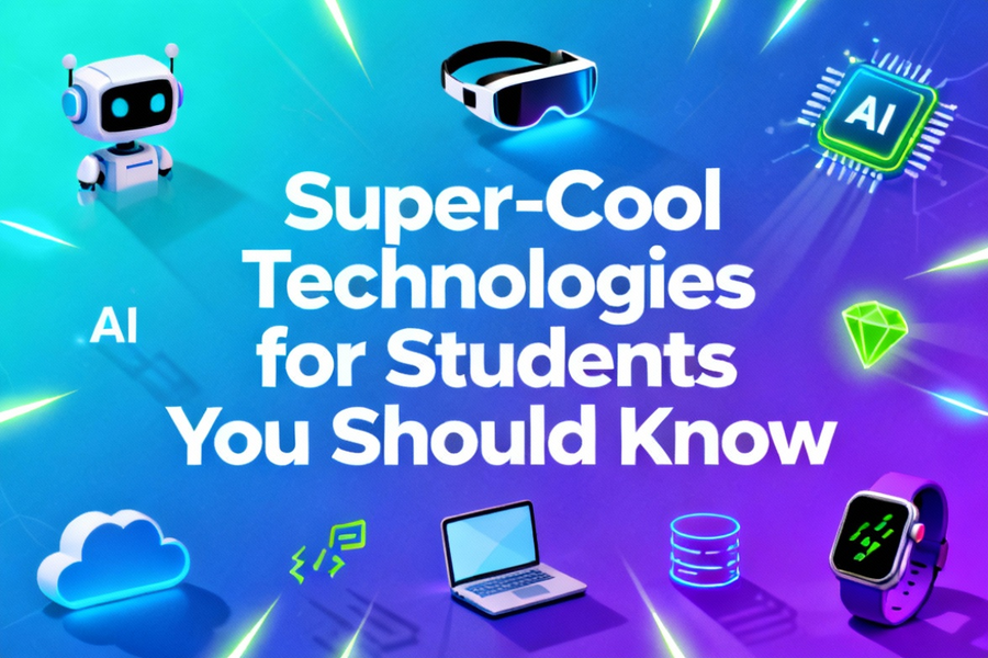 Super-Cool Technologies for Students illustrated with icons of AI, robotics, VR/AR, blockchain, and 3D printing.
