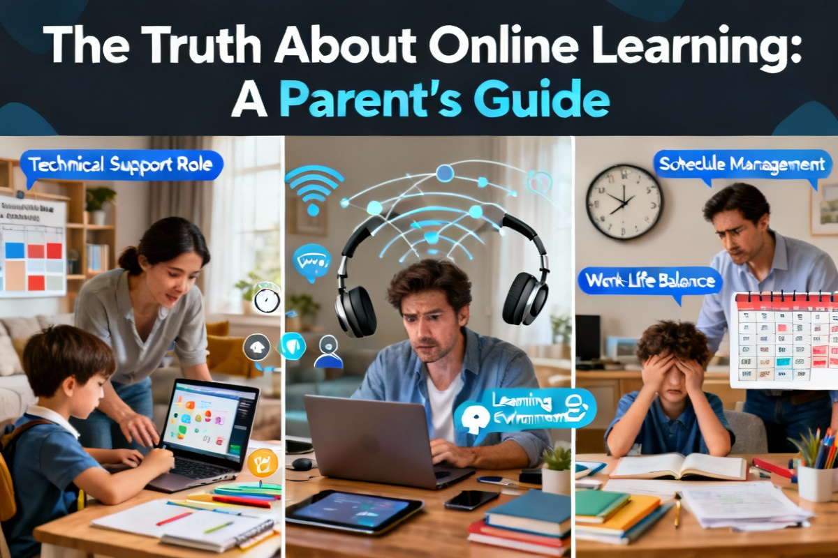 Parent guiding child during online learning for parents at home